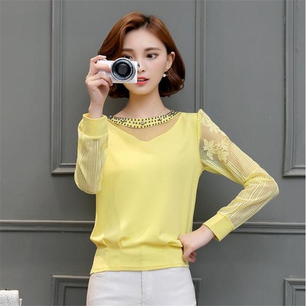 

women's blouses & shirts women lace chiffon blouse 2021 spring fashion woman diamonds shirt casual long sleeve plus size 3xl e312, White