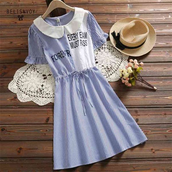 Estilo Preppy Verão Kawaii Mulheres Vestidos Peter Pan Colar Listrado Ropa Mujer Manga Curta Carta Impresso Linho Elegante Vestido 210520