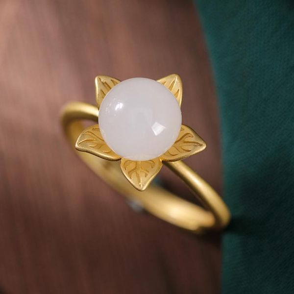 

cluster rings original s silver diamond natural hetian white chalcedony blossom chinese retro gold ladies charm opening adjustable ring, Golden;silver