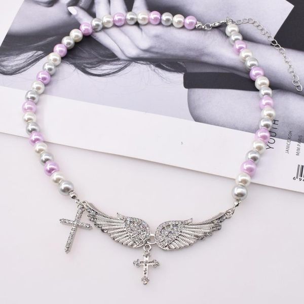 

chokers punk clavicle chain female tide angel wing three color pearl splicing necklace flash crystal cross neck, Golden;silver