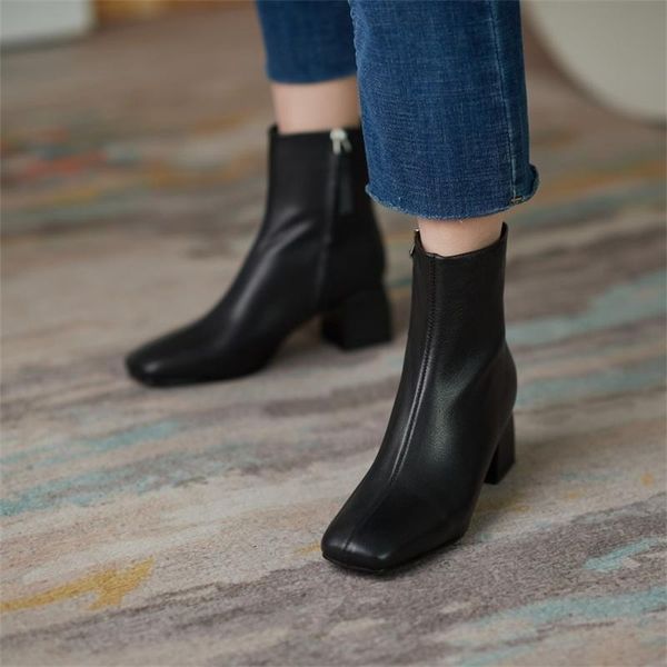 

boots autumn and winter 2021 thick heel square head cowhide short, Black