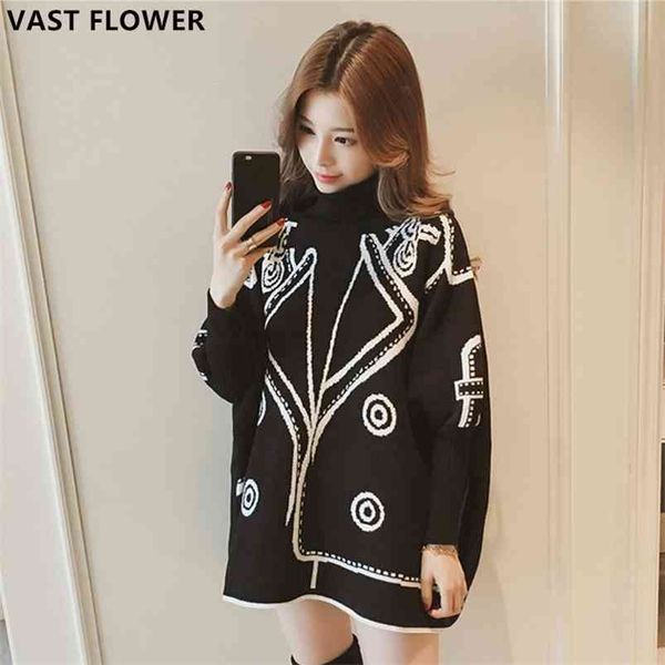 

pattern knitted sweater women high collar pullover korean oversized batwing sleeve loose casual autumn winter clothes 210812, White;black