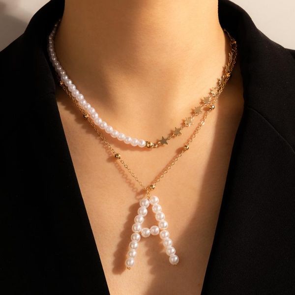 

pendant necklaces fashion pearl letter a necklace for women gold star geometric metal bohemia jewelry gift accessory, Silver