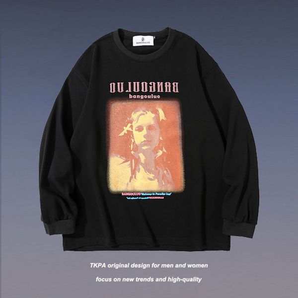 

tkpa high funny cartoon character printed sweater men's fashion street loose lovers casual round neck long tee, Black