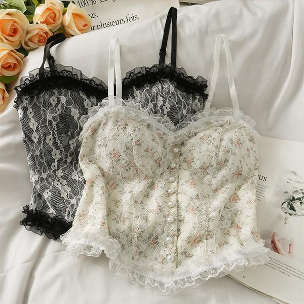 

women's tanks & camis 2021 summer autumn women floral print lace up v-neck folds backless camisole lady button sleeveless tank short to, White