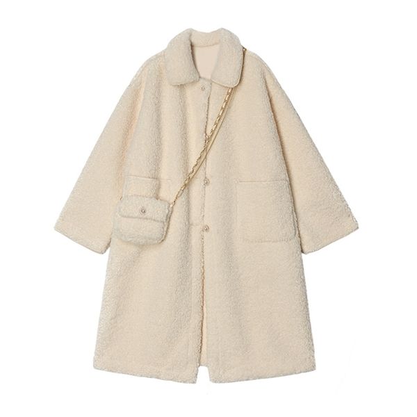 

[bag] casual plush jacket ladies pure color loose mid-length double-breasted notch female 211220, Black