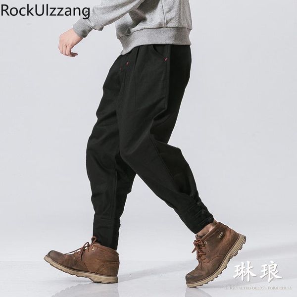 

plus size fashion streetwear vintage casual harem hem knot button slim cargo jogger pant summer japanese men solid clothing 2021 men's, Black