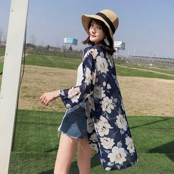 

chiffon print blouse women long blouses mid-length sun protection clothing seven-point sleeve holiday cardigan women's & shirts, White
