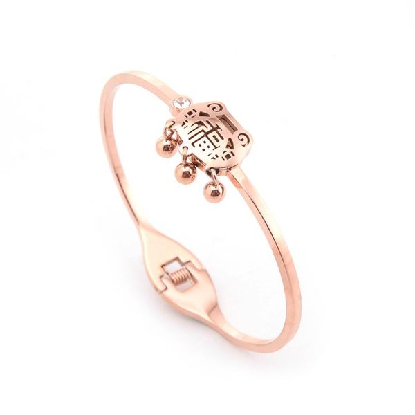 Bangle Fu Personagem Longevidade Bloqueio Pulseira Moda Titânio Aço Rosa Gold Bell Bangles Para As Mulheres