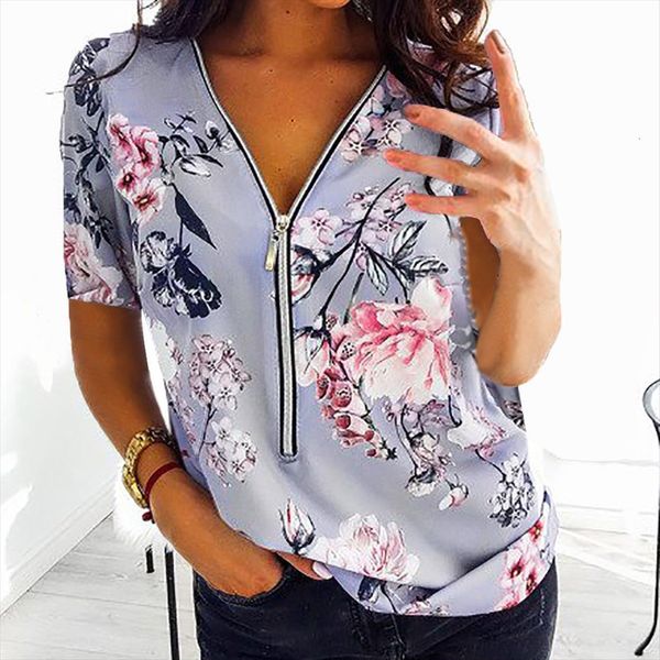 

fashion floral zip up womens shirts short sleeve casual butterly flower pattern blouses tunic dropshipping, White