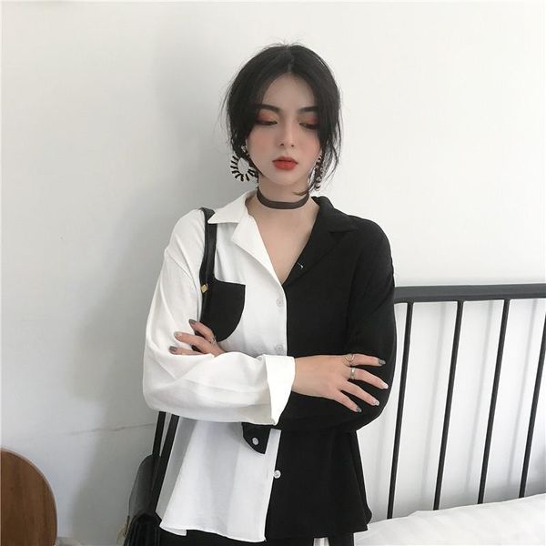 

women's blouses & shirts black white contrast color female harajuku fashion long sleeve vintage collar ol ladies blouse gd205