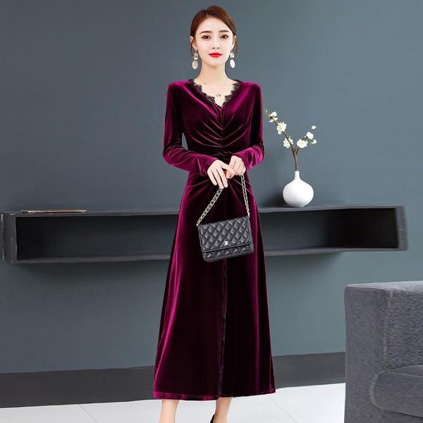 

casual dresses long sleeve plus size velvet lace vintage women loose autumn elegant party dress clothes 2021 ladies db696, Black;gray