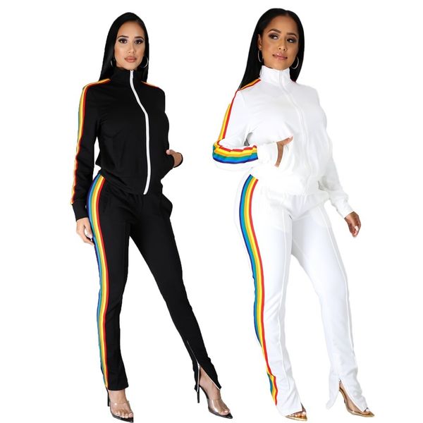 

autumn women matching sets fashion color striped patchwork long sleeve +pencil pants two piece set women clothes conjuntos 210414, White