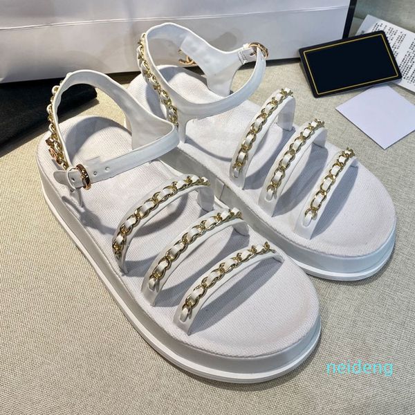 

designer chain flat sandals women's embroidery letter metal diamond thick bottomed beach black and white sheepskin surface outdoor 2021