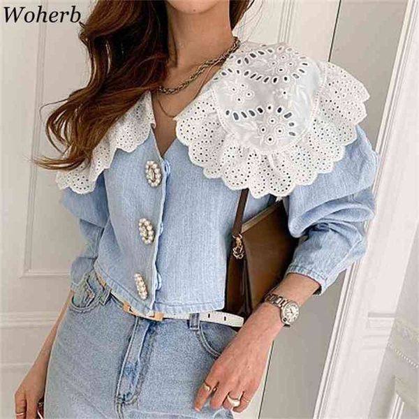Elegant Tops Mulheres Denim Camisa Lace Boneca Coleira Estilo Coreano Moda Blusa Cropped Vintage Blusas BLUSAS 210519