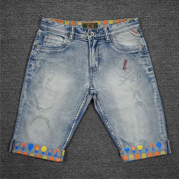 

korean style fashion men jeans retro light blue printed designer ripped denim shorts summer streetwear hip hop short 29b0