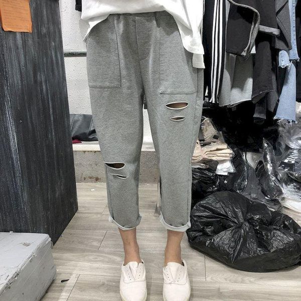 

women's pants & capris baggy sweatpants hole korean fashion oversize casual women summer elastic waist ankle-length sports trousers 100, Black;white