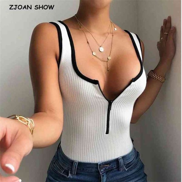 

90's vintage contrast color open zipper o neck backless knitted tank bodysuit woman short jumpsuit slim fit rompers playsuits 210429, Black;white