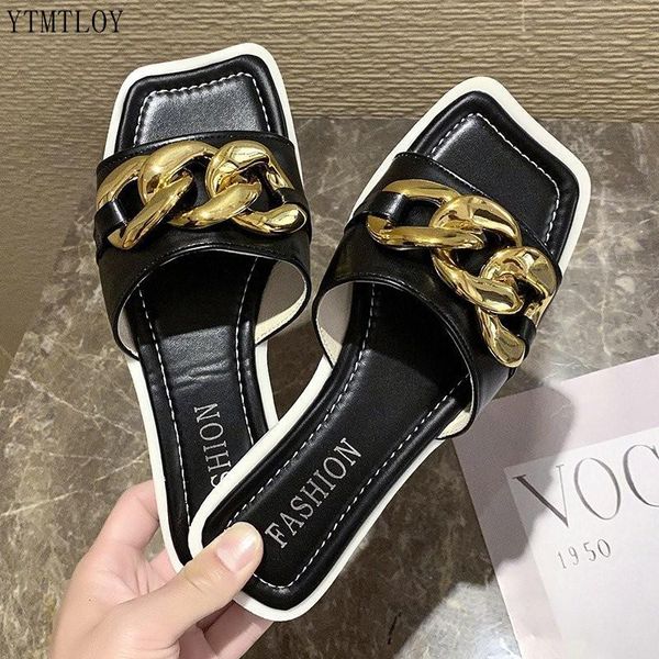 

brand women slipper square toe metal chain design slides flat heel ladies zapatillas mujer casa sandals slippers, Black