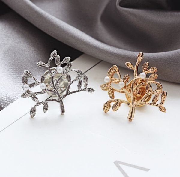 

european and american elegant retro simple brooches hollow small tree pearl leaf brooch, Gray