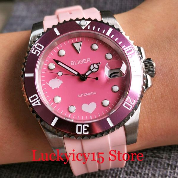

wristwatches pink 40mm mechancial men watch nh35a movement rotating bezel ring brushed case sapphire glass, Slivery;brown