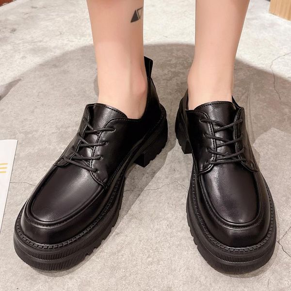 

dress shoes pu leather women's platform mid heel autumn 2021 retro fashion thick cross lace-up oxford, Black