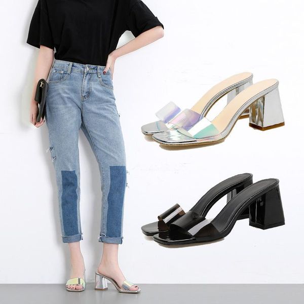 

transparent summer slippers thick high heels women shoes european slides flip flops femme zapatos mujer, Black