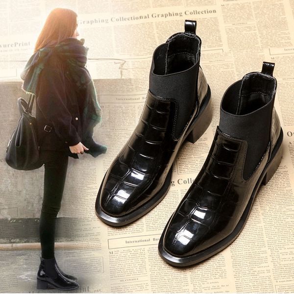 

dress shoes style for autumn and winter boots alligator chelsea chunky-heel fy03, Black