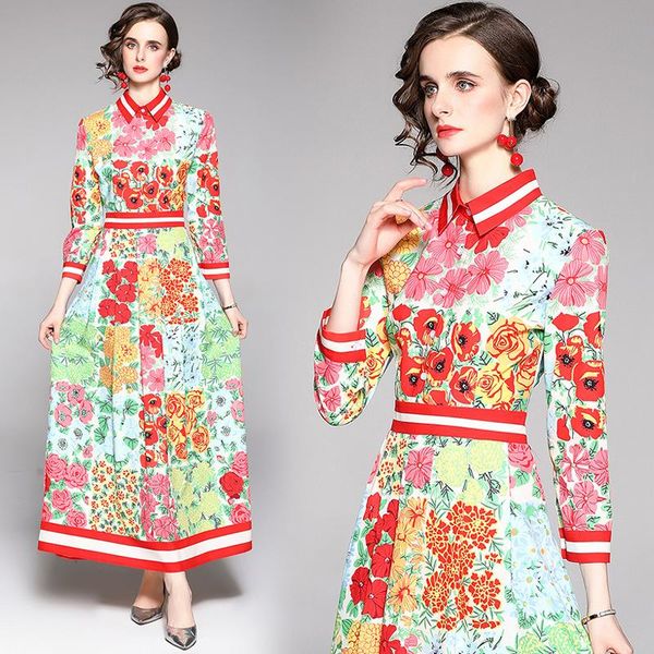 

casual dresses arrival spring summer fall autumn runway vintage floral print collar long sleeve women ladies party a-line maxi dress, Black;gray
