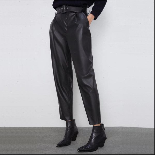 

women pant spring autumn fashion black hight waist faux leather suit pants with sashes pockets office ladies pu trousers, Black;white