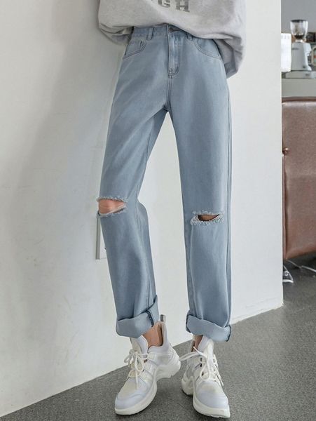 

dazy high waist ripped frayed straight leg jeans c30b#, Blue