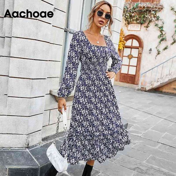 

aachaoe elegant a line party women floral print square collar vintage dress female long sleeve chic midi dresses 210413, Black;gray