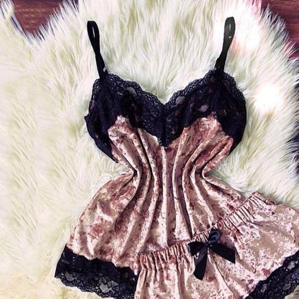 

30h lingerie camisole womens sleepwears bow shorts v neck velvet pajamas oversized sleepwear pijama, Black;red