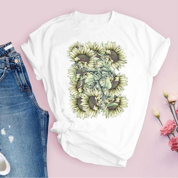 

graphic flower floral fashion women t shirts sunflower 90s style vintage print lady tees clothing female shirt womens, White