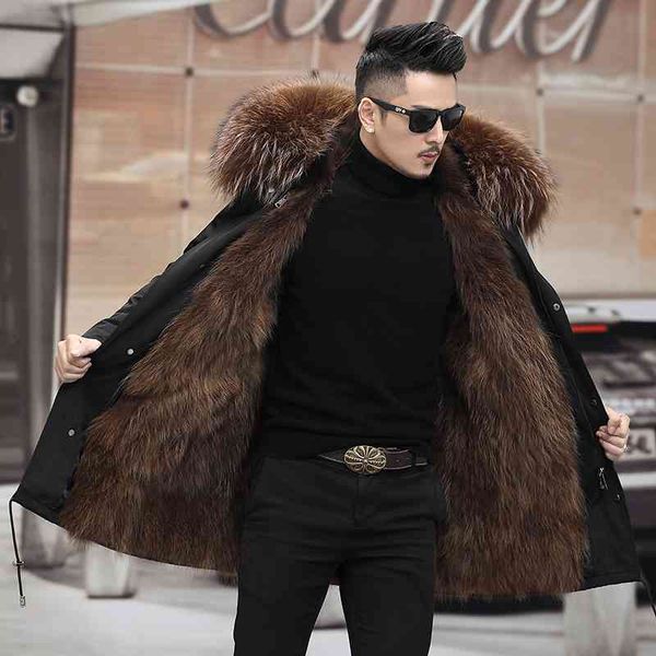 

parka men winter et hooded nature raccoon lining ets real fur coat, Black;brown