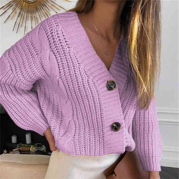 Coreano Knit Cardiagns Outono Camisola de Inverno para Mulher Sólida Cor V-Pescoço Loose Twist Button Malha Cardigan Lady 210508