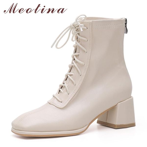 

boots meotina ankle high heel woman zip block shoes lace up square toe short female autumn winter beige black