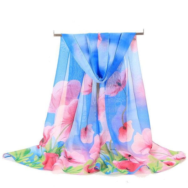 

scarves thin flower chiffon scarf women designer printing fashion luxury shawl cape ladies female plant wraps, Blue;gray