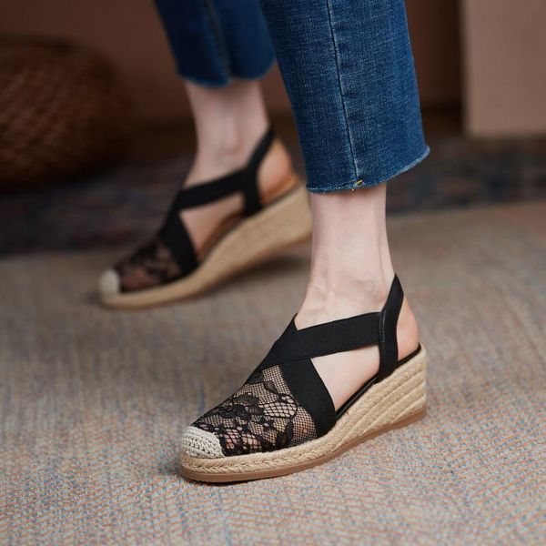 

royesic, women's sandal 2021, straw, retro, mesh, cross strap, tank shoes, natural cow leather, handmade, size 34-40 sandals, Black