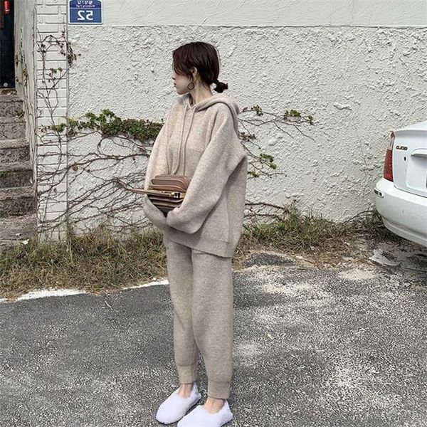 

autumn winter loose hooded knitted sweater suit soft casual pullover ankle length pants grey black knitting two-piece suit 211126, White