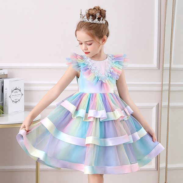 

flower girls dress for wedding party elegant children princess lace applique gown sleeveless kids dresses girl clothes, Red;yellow