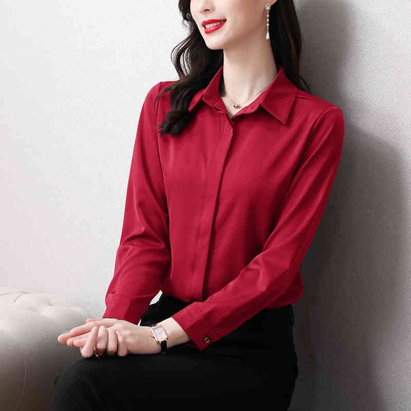 

korean women's shirt silk blouses for women long sleeve female white polo neck blouse woman ol 210427