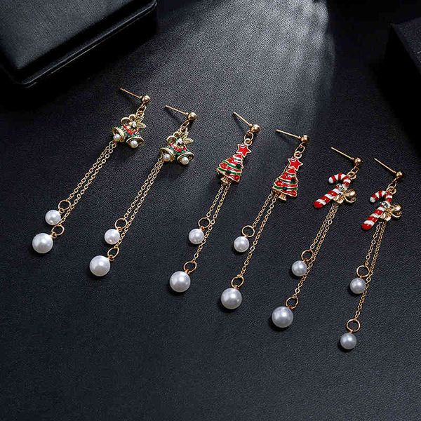 

popular tassel oil inlaid diamond pearl crutches bells christmas tree earrings, Silver