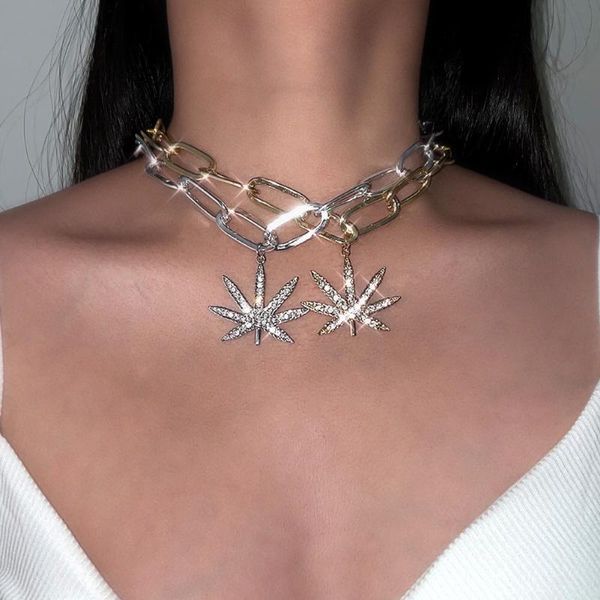 

chains punk chunky thick metal link chain necklace choker shiny rhinestones pendant for women statement jewelry, Silver