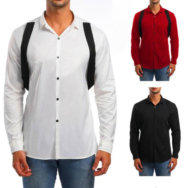 

men's casual shirts slim back belt decorated long sleeve shirt fashionable luxury size -2xl, White;black
