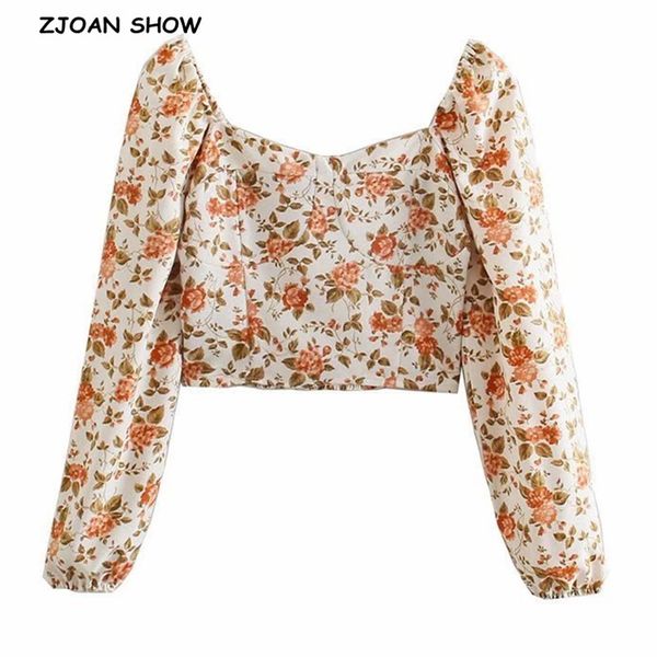 

women's blouses & shirts 2021 vintage france style floral print crop shirt women square collar back elastic pullovers blouse, White