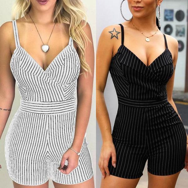 Moda Kadın Çizgili Tulum Seksi Kadın Casual Kolsuz Soyuldu Bodycon Tulum Kısa Pantolon Pantolon Beyaz Siyah Kadın Tulumlar