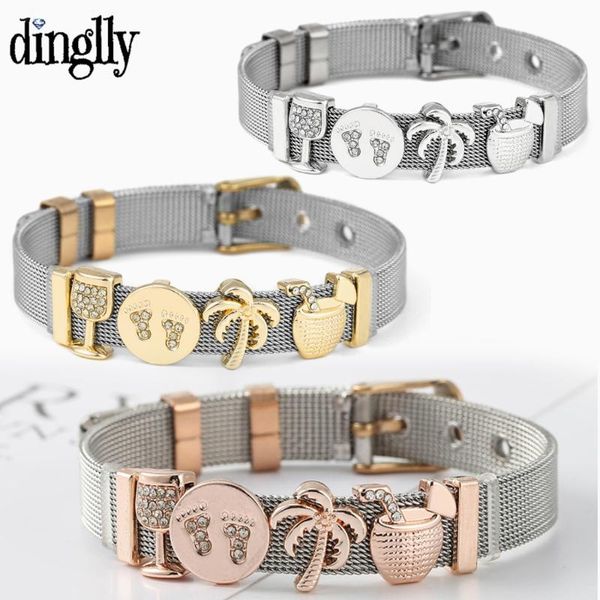 

charm bracelets summer ocean style stainless steel for men women beach footprints juice wine beads belt bangle travel memorial jewelry, Golden;silver