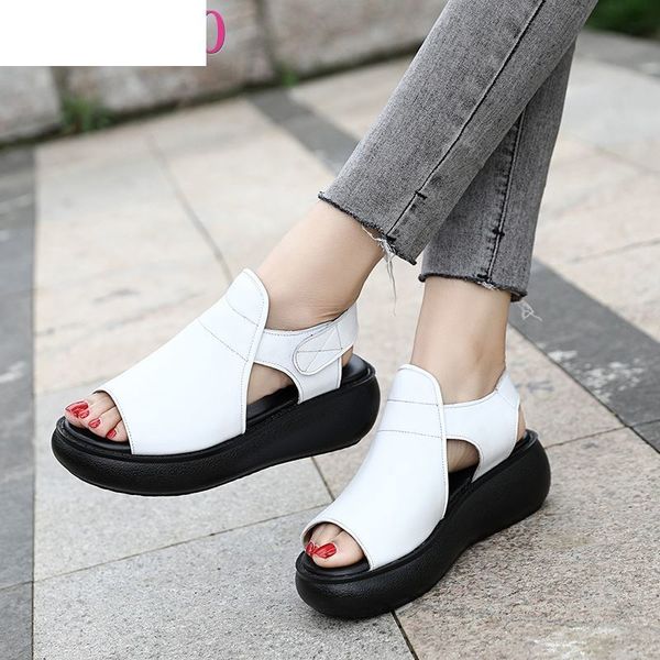

sandals women's plus size 33-43 summer genuine leather ladies shoe women platform 5cm heels female shoes 9oye, Black