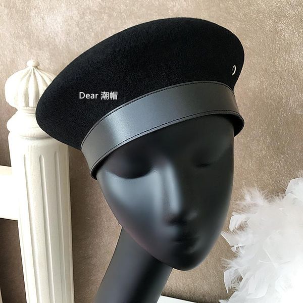 

berets autumn and winter black wool man leather bag side beret retro versatile bud hat painter octagonal, Blue;gray